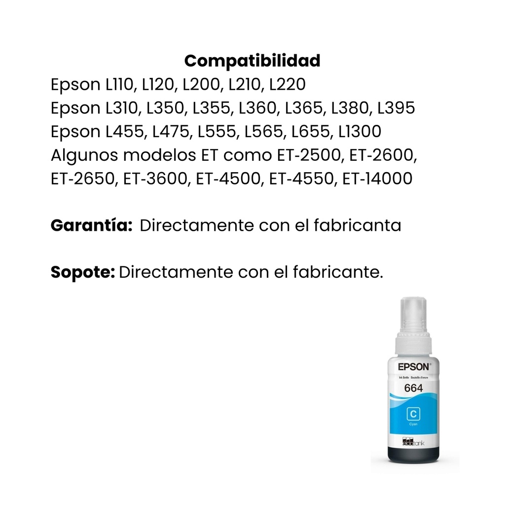 Botella Original De Tinta Epson Serie L 664, 6.500 Páginas, 70 Ml - Cian
