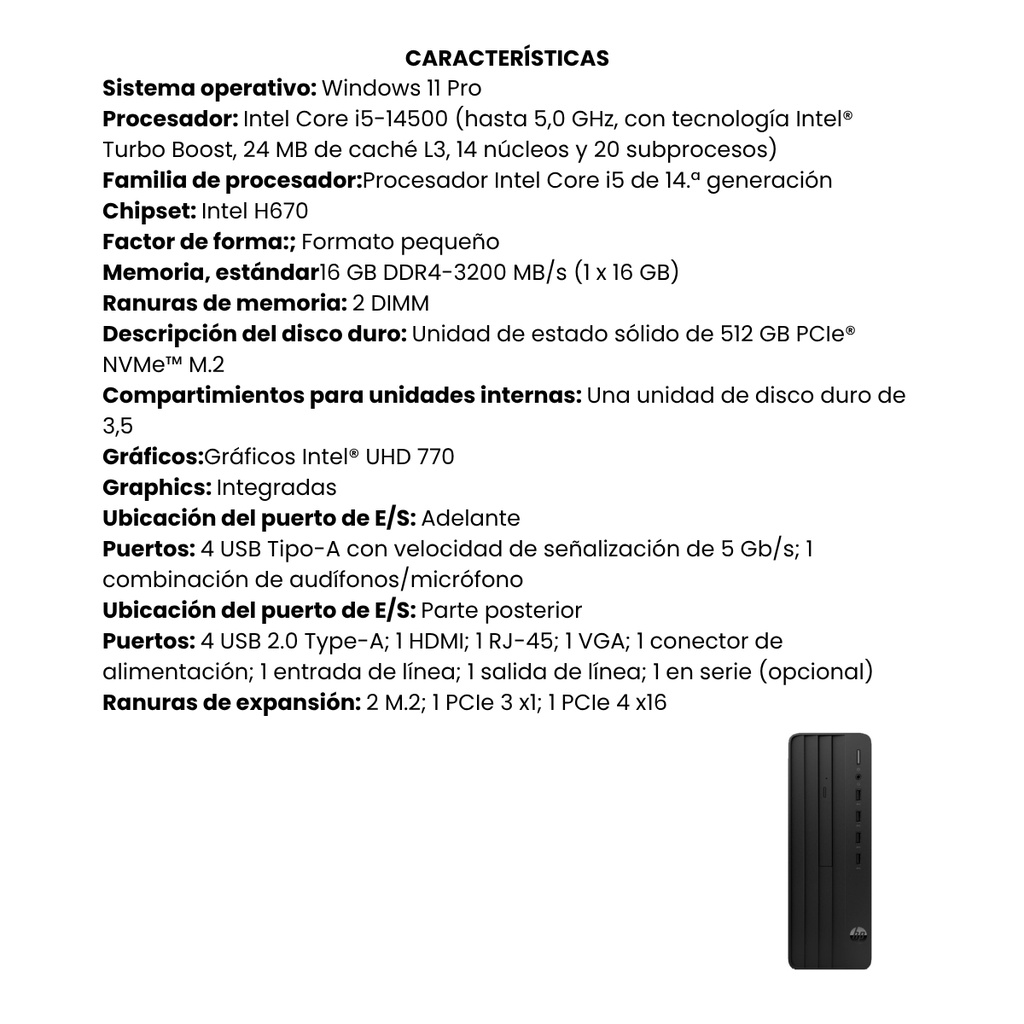 Computador de Escritorio HP Pro 280 G9 I5 Memoria 16GB SSD 512GB  W11 Pro