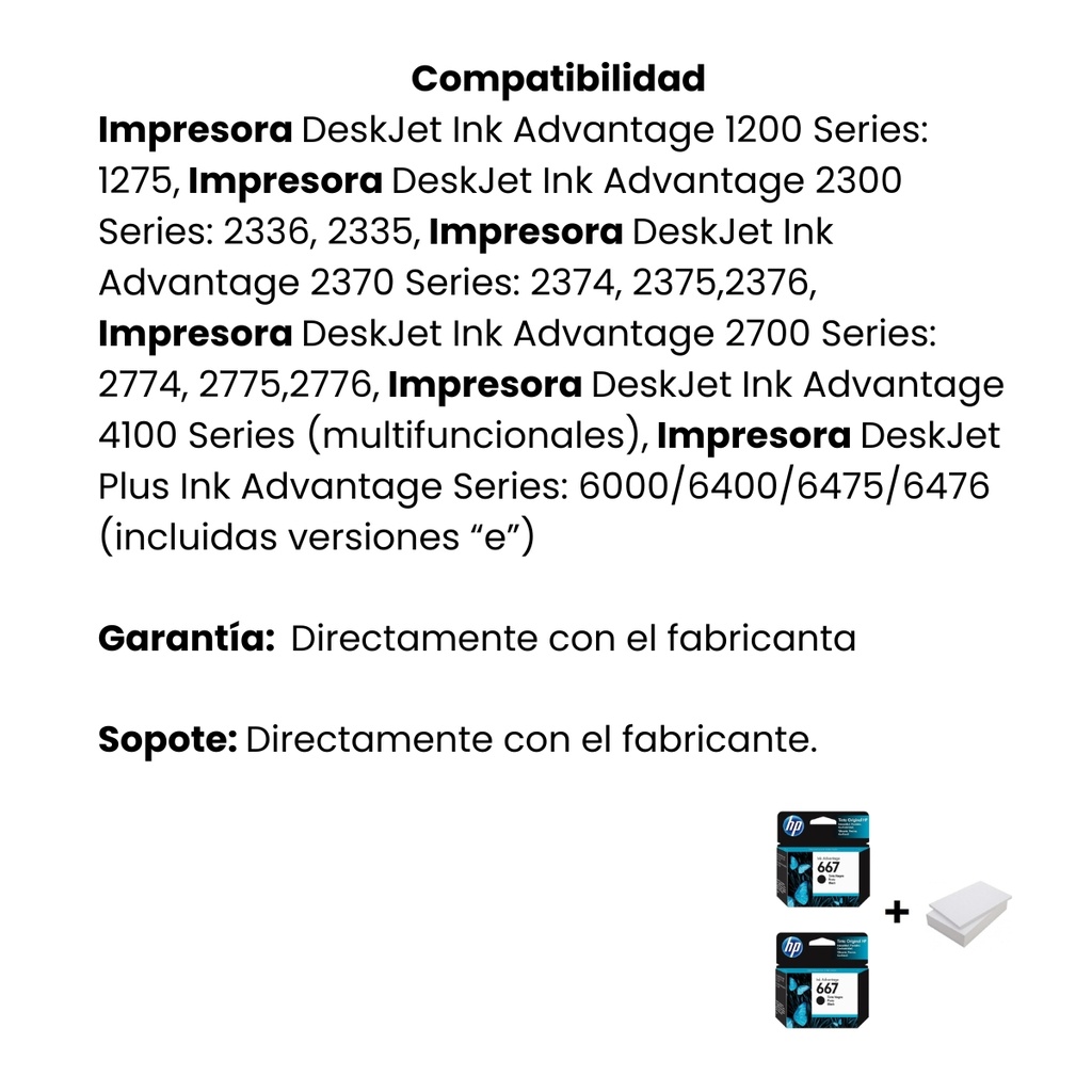 Kit de 2 Cartuchos Hp 667 Negro + Resma