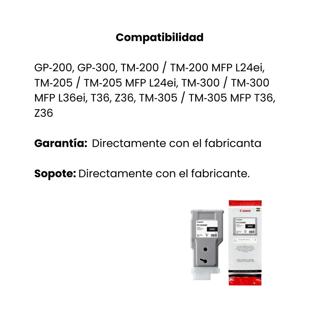 Tinta Canon PFI-320MBK Pigmentada Negro Mate Tank 300ml