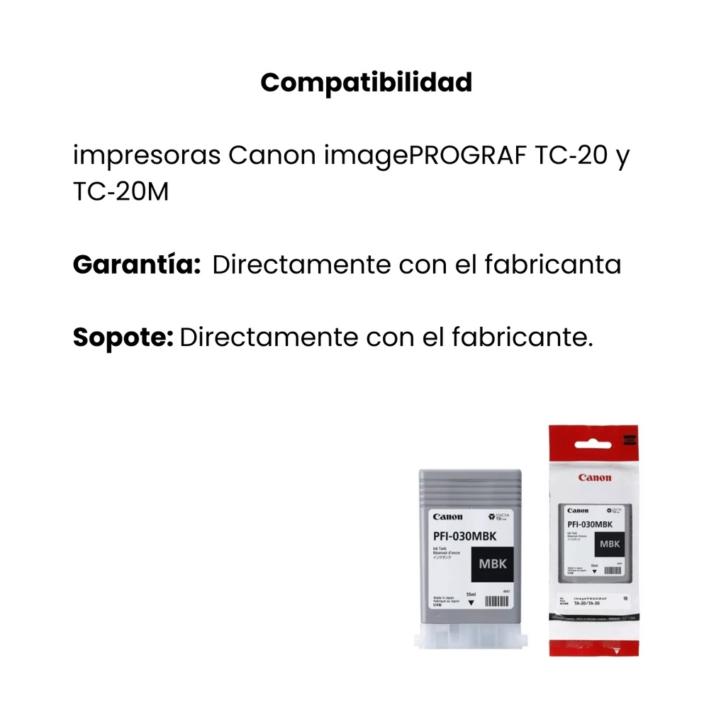 Tinta Canon PFI-030MBK Pigmentada Negro Mate Tank 55ml