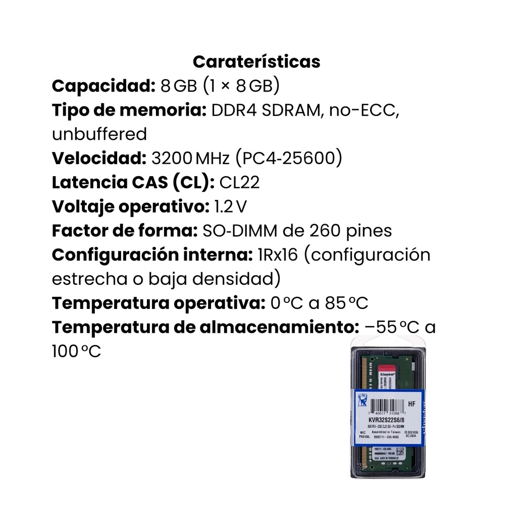 Memoria RAM Kingston 8GB DDR4 3200MHz Portátil Configuración Estrecha
