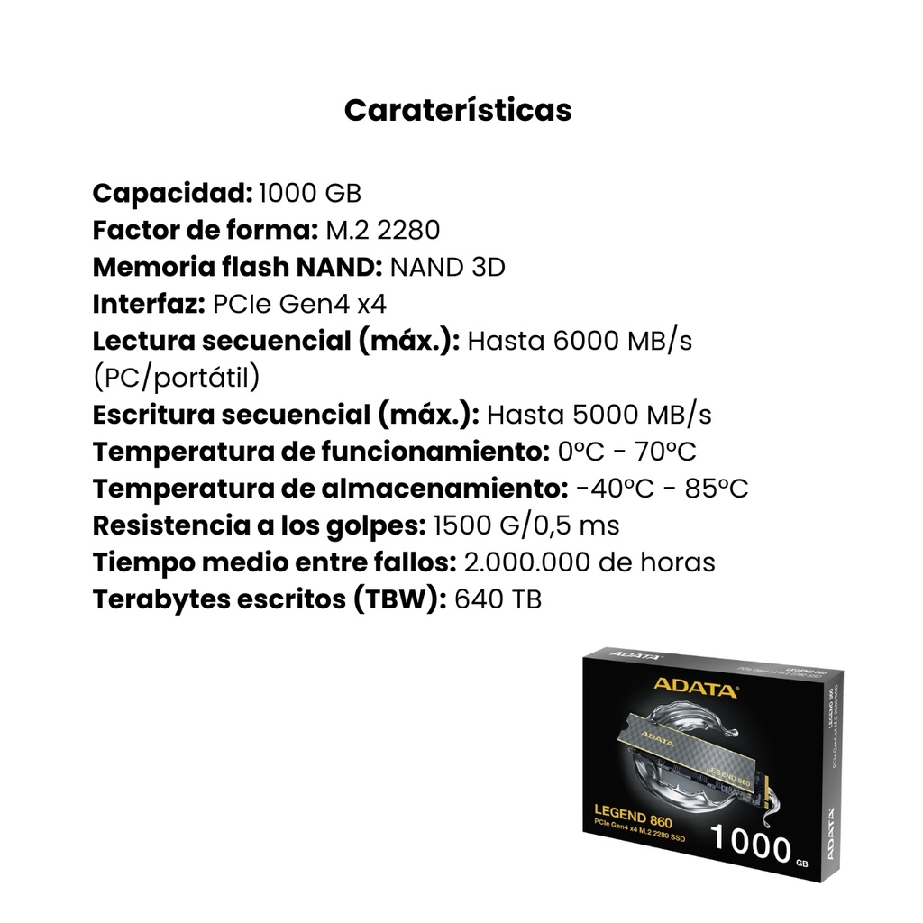 DISCO SSD ADATA LEGEND 860 1000GB 6000-4000 MBs NEGRO
