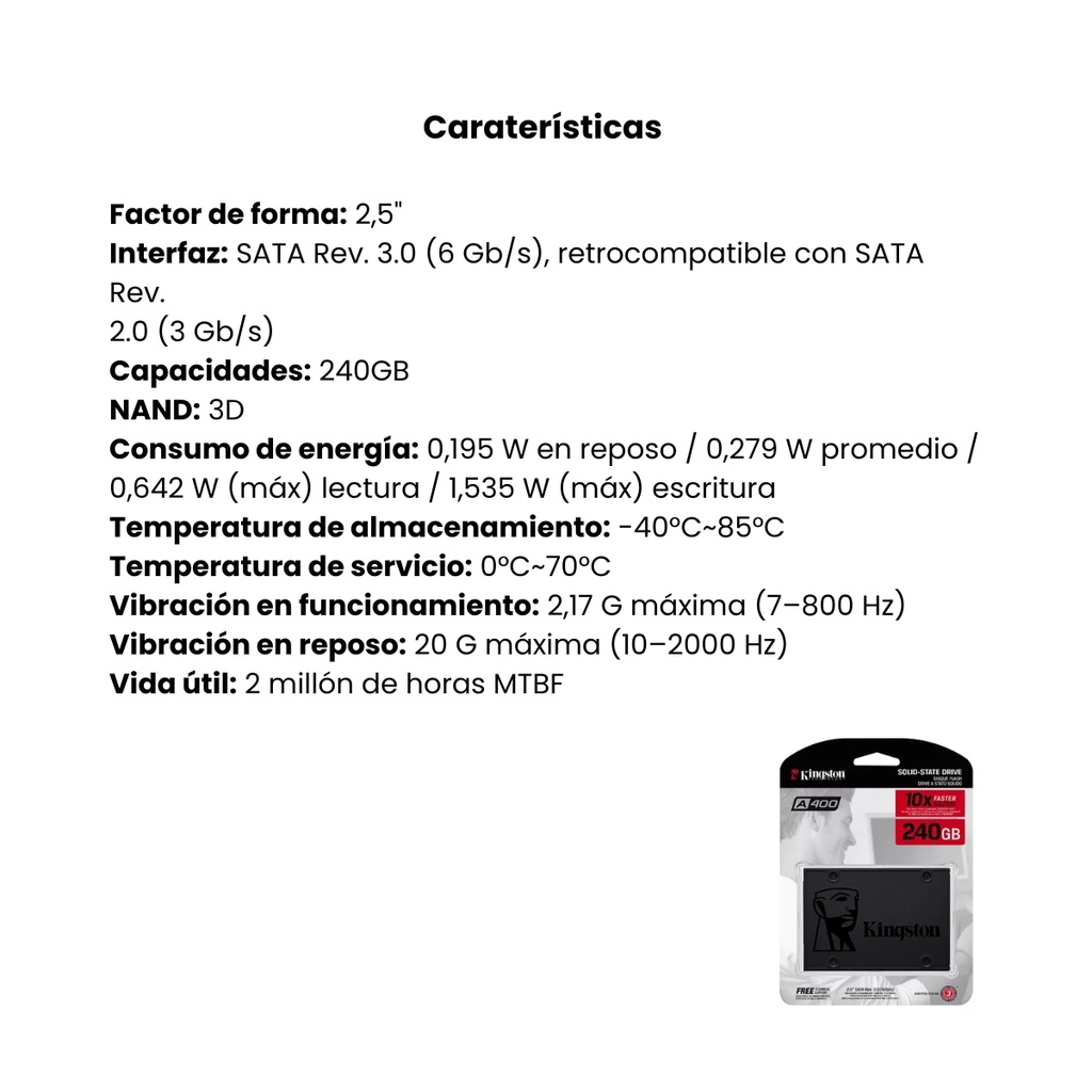 UNIDAD DE ESTADO SÓLIDO (SSD) KINGSTON NEGRA 240GB 2.5"