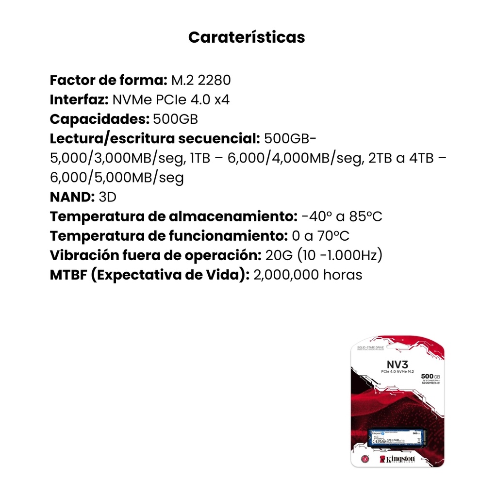 UNIDAD DE ESTADO SOLIDO SSD KINGSTON 500G NV3 M.2 2280 PCIE 4.0 NVME