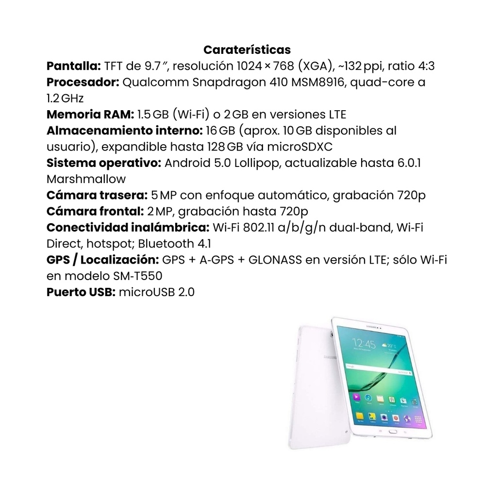 Tablet Samsung Galaxy Tab A de 9.7" con 16GB de Almacenamiento