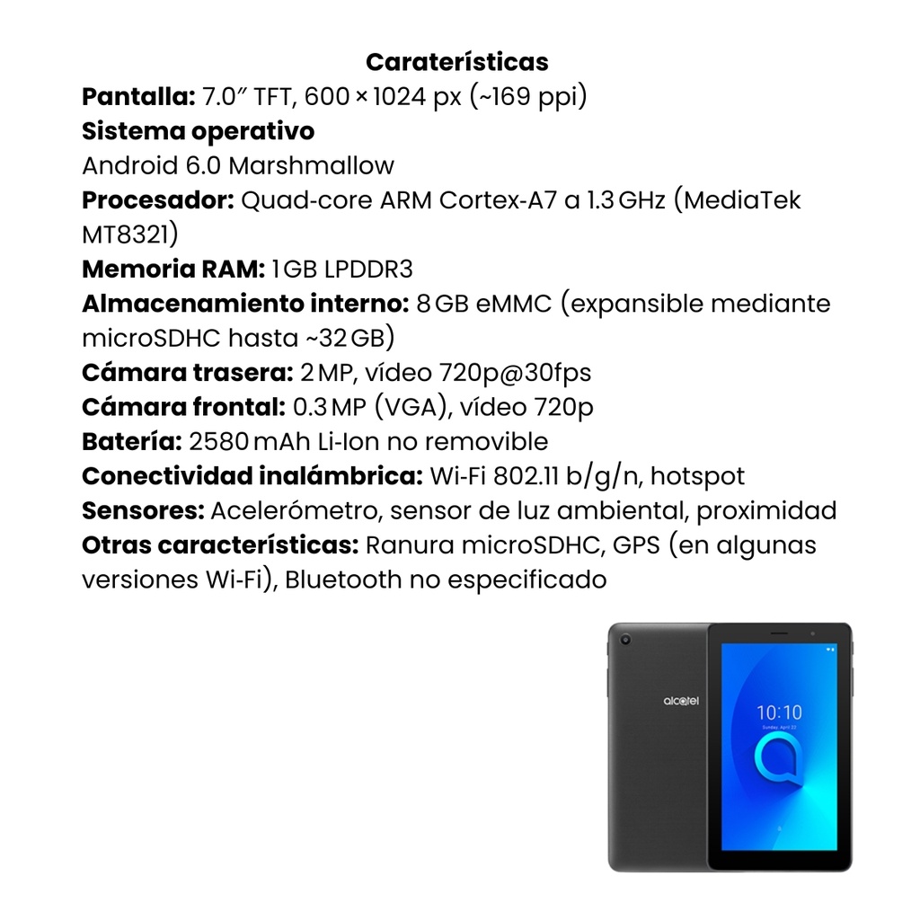 Tablet Alcatel Pixi 4 7" Compacta con Cámaras para Uso Diario