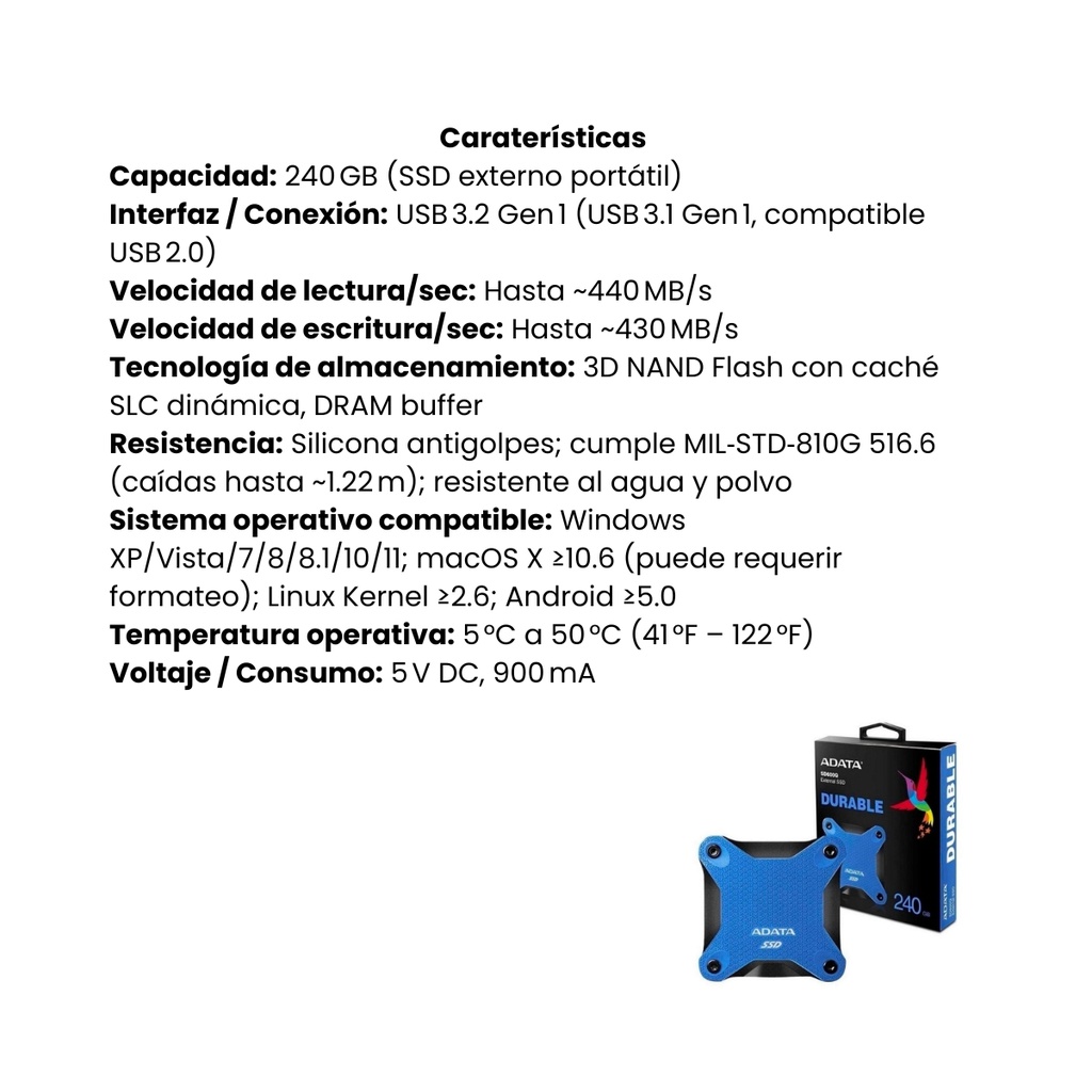 Unidad de Estado Sólido Externa ADATA Azul 240GB Antigolpes