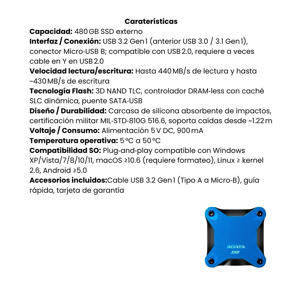 Disco Duro SSD Externo ADATA Azul SD600Q 480GB Antigolpes