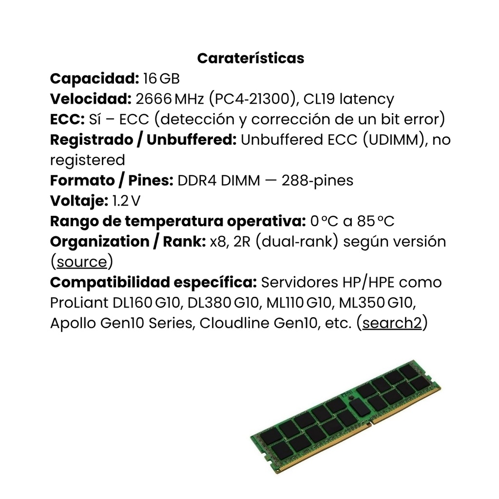 MEMORIA RAM SERVIDOR HP KINGSTON DDR4, 2666MHZ, ECC, 16GB