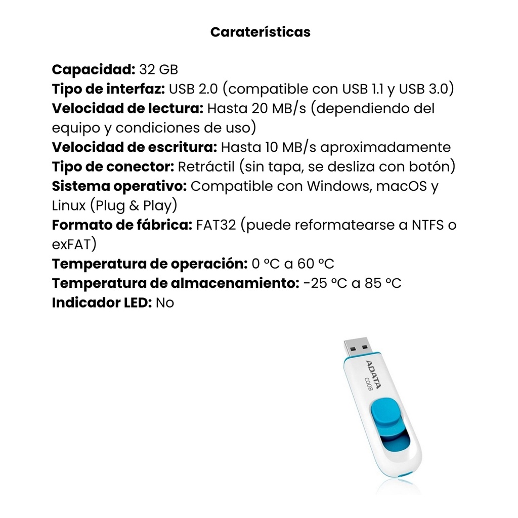 Memoria USB Adata 2.0 Retractil 32GB - Blanca