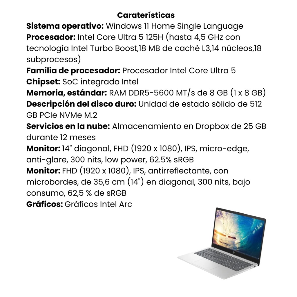 Portátil HP 14 Pulgadas RAM 8GB SSD  512GB Windows 11 - Plateado