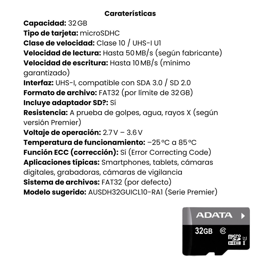 Memoria Micro SD Adata con Adaptador SD Class 10UHS 32GB