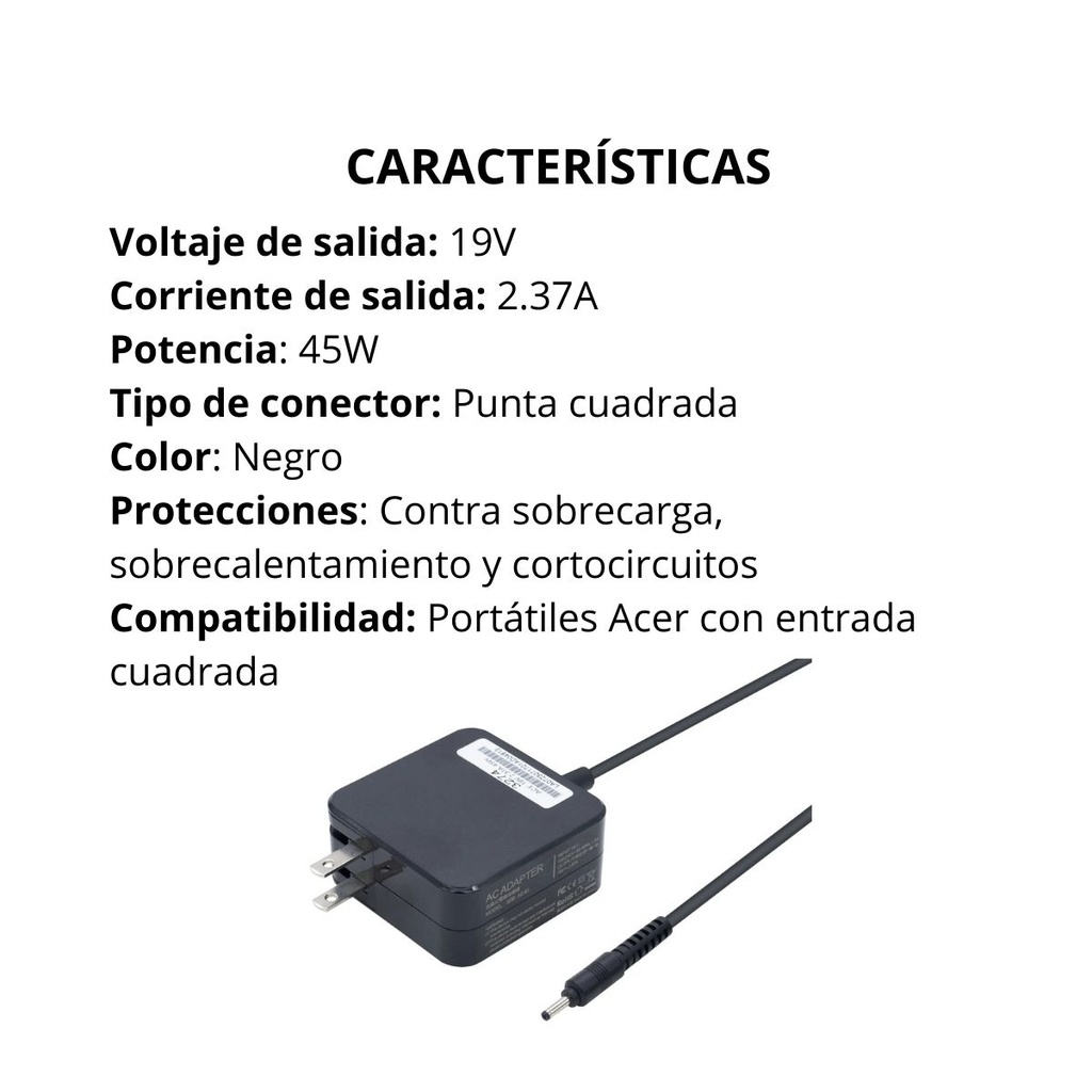 Cargador Para Portátil Acer 19V 2.37A Genérico Cuadrado Ultra 
