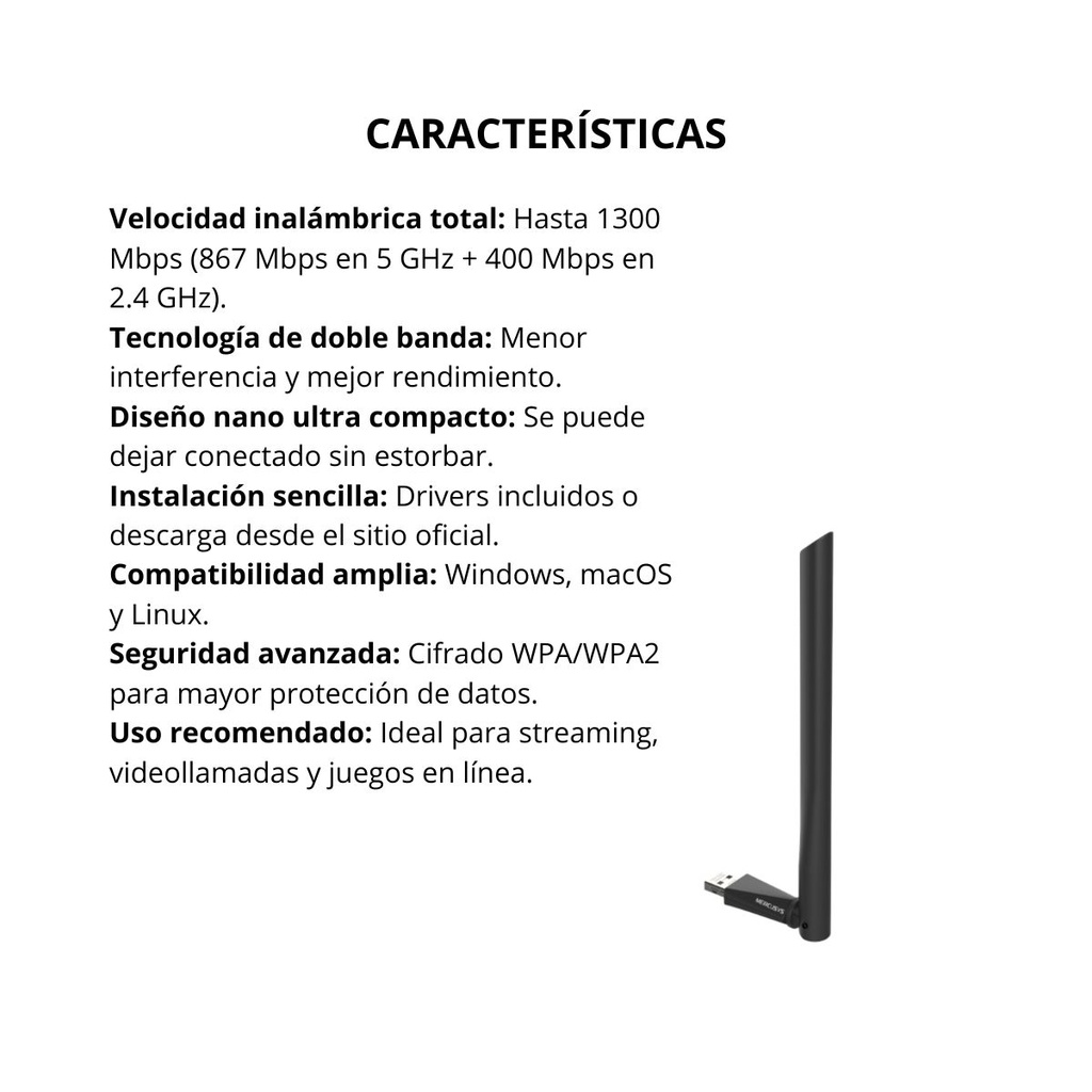 Adaptador Mercusys USB Inalámbrico Nano De Doble Banda AC1300 Color Negro
