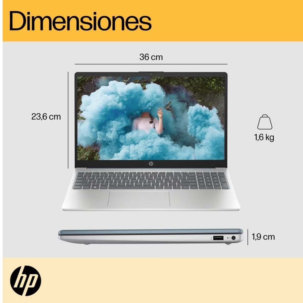 Portátil HP Laptop 15-fc0008la  AMD Ryzen 5 7520U (serie 7000) 8 GB LPDDR5  512 GB SSD  Pantalla 15.6″ FHD IPS antirreflejo Windows 11 Home  Azul claro / Plata Natural