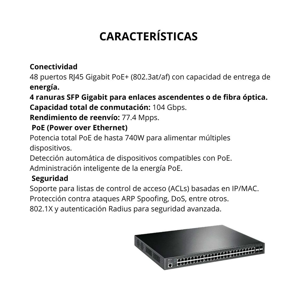 Switch TP-LINK Administrable 48 Puertos Rj45 Giga L2+ (Capa 3 Lite) PoE TL-SG3452P Color Negro