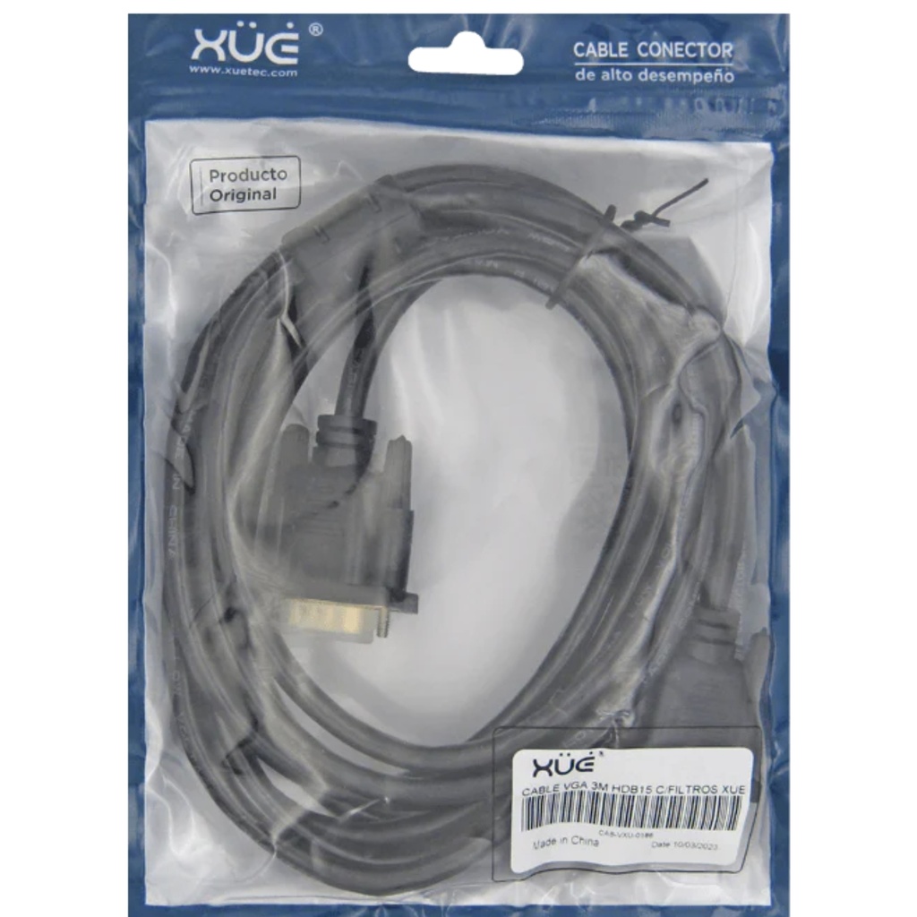 Cable XUE VGA 3M HDB15 15-PINES (3+6) 30AWG CU OD:6.0MM C/Filtros Negro