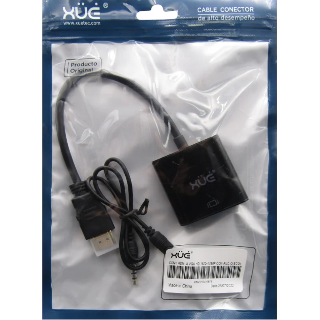 Convertidor XUE HDMI A VGA FHD 1920x1080P Con Audio 20CM Garantía 1 Año Negro