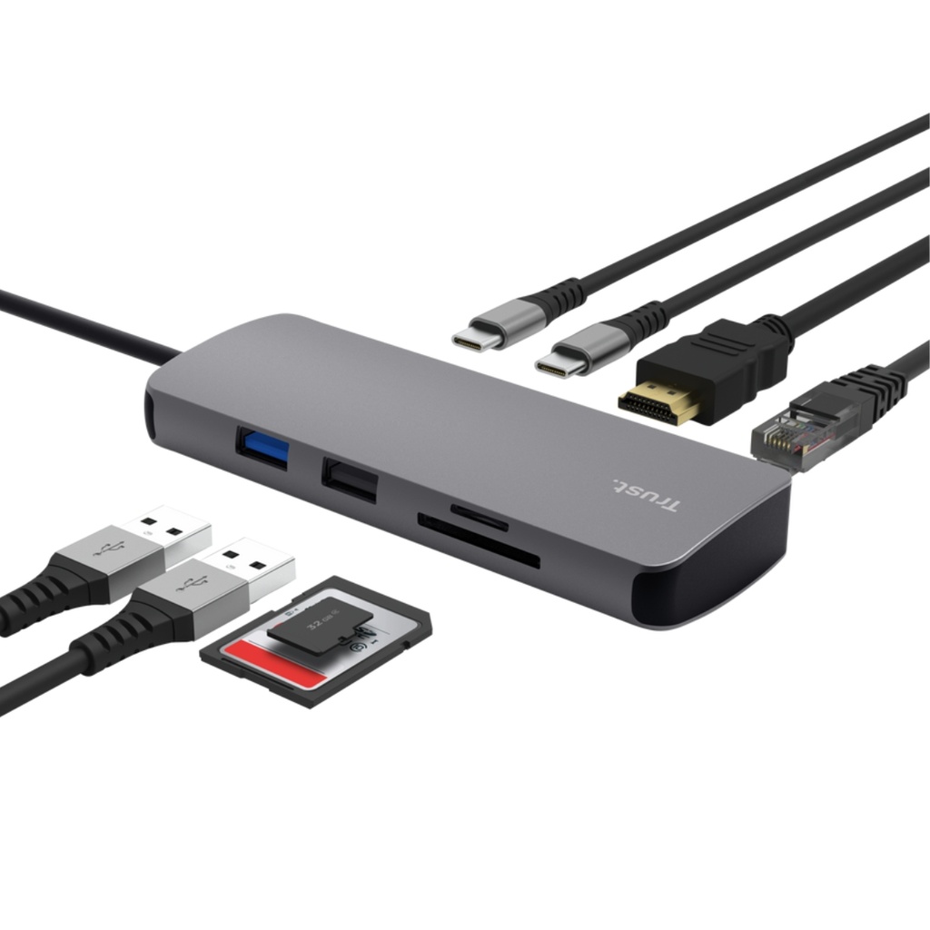 Adaptador Trust Multipuerto Usb - C 8 en 1 (Hdmi, de red, lector de tarjetas, USB-C y USB) 