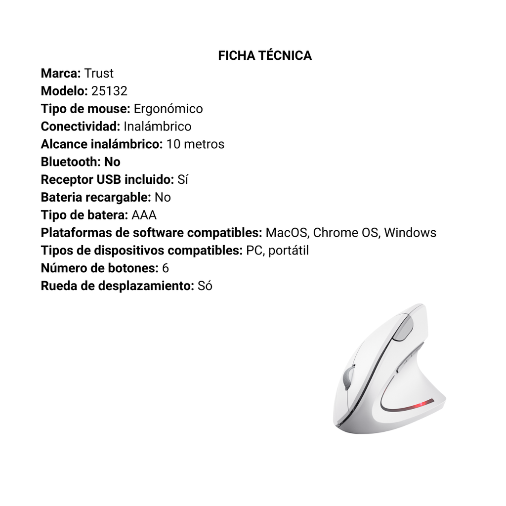 Mouse Trust Verto Inalámbrico Diseño Vertical Blanco