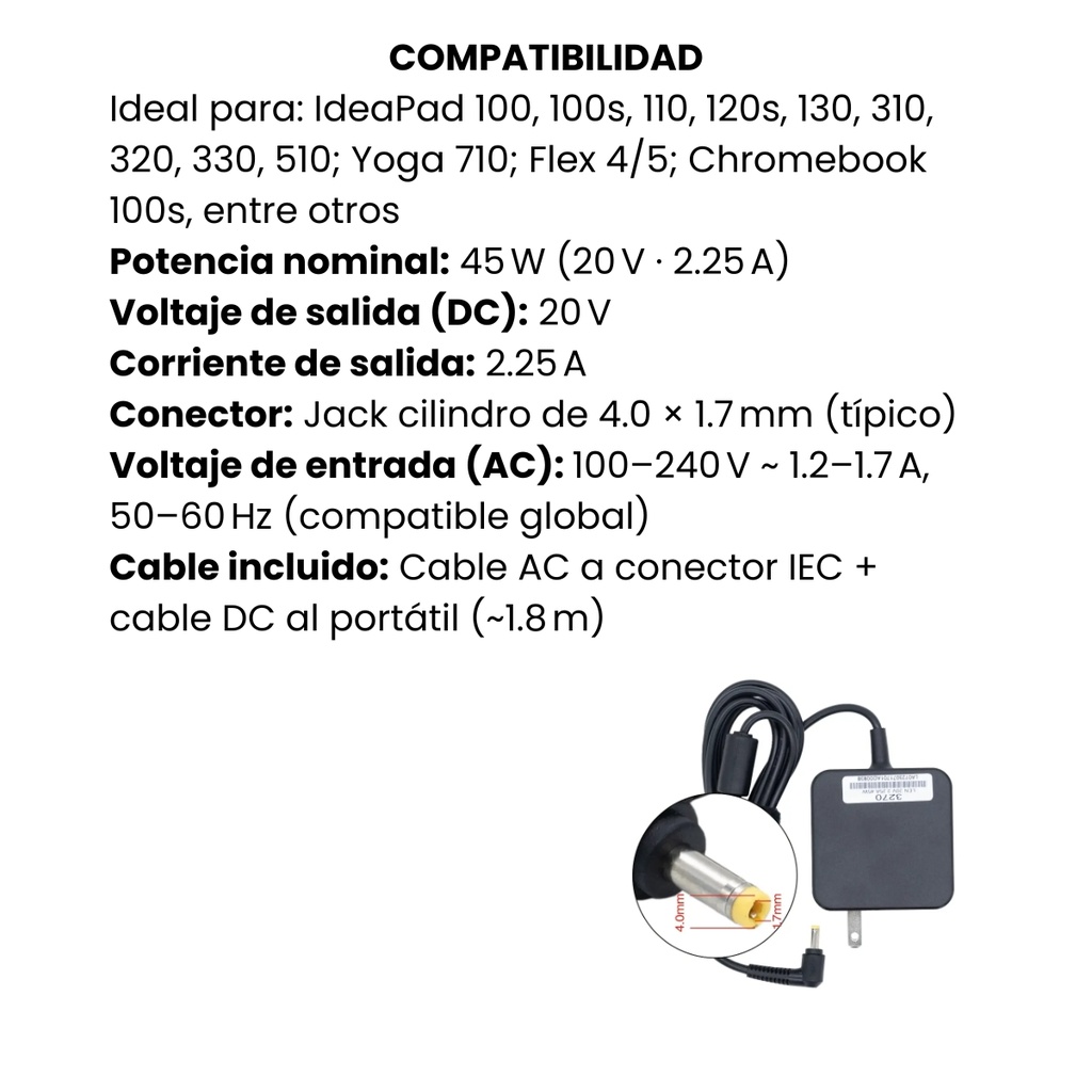 Cargador para Portátil Lenovo 100 20V 2.25A Genérico