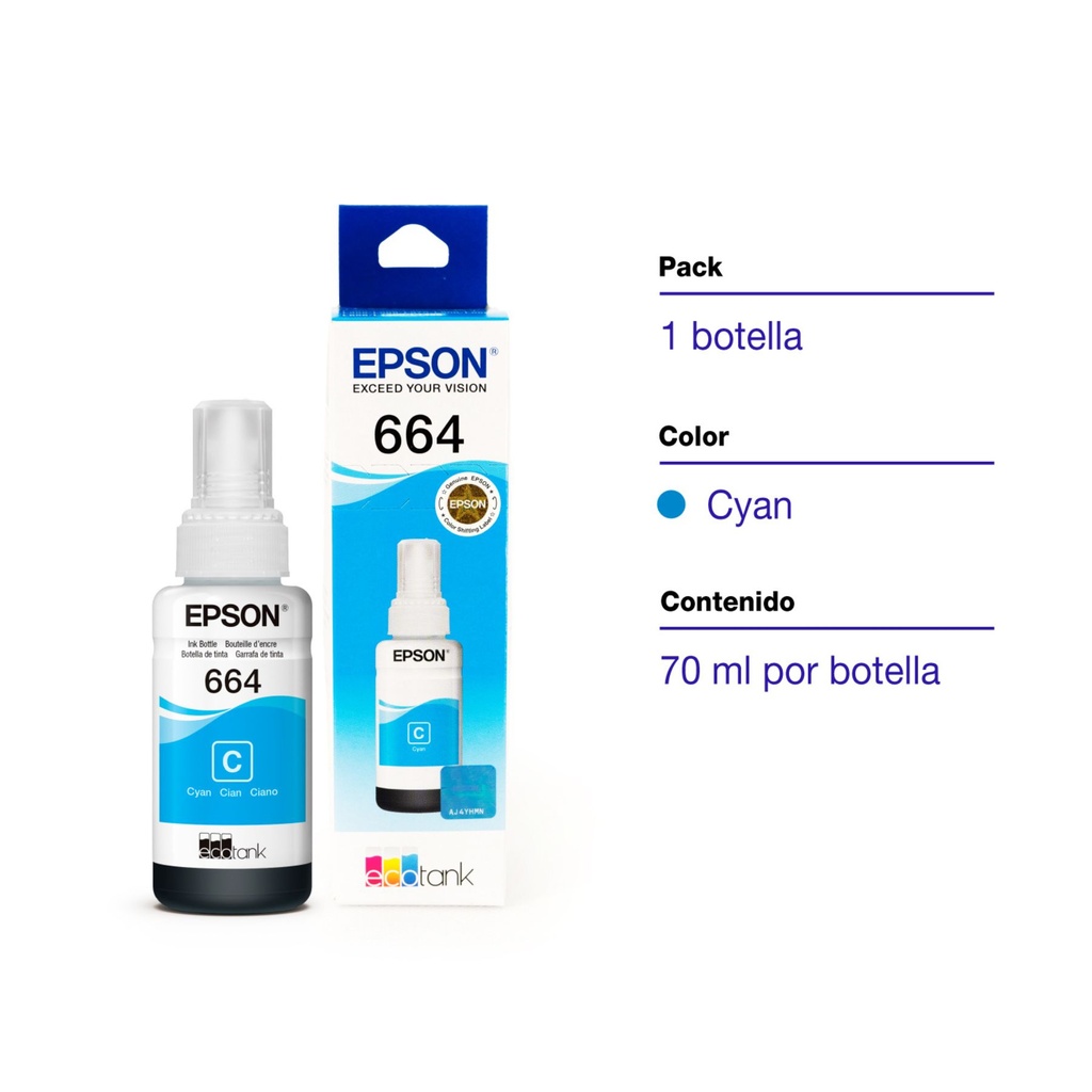 Botella Original De Tinta Epson 664 Cian, 7.500 Páginas, 70 ml