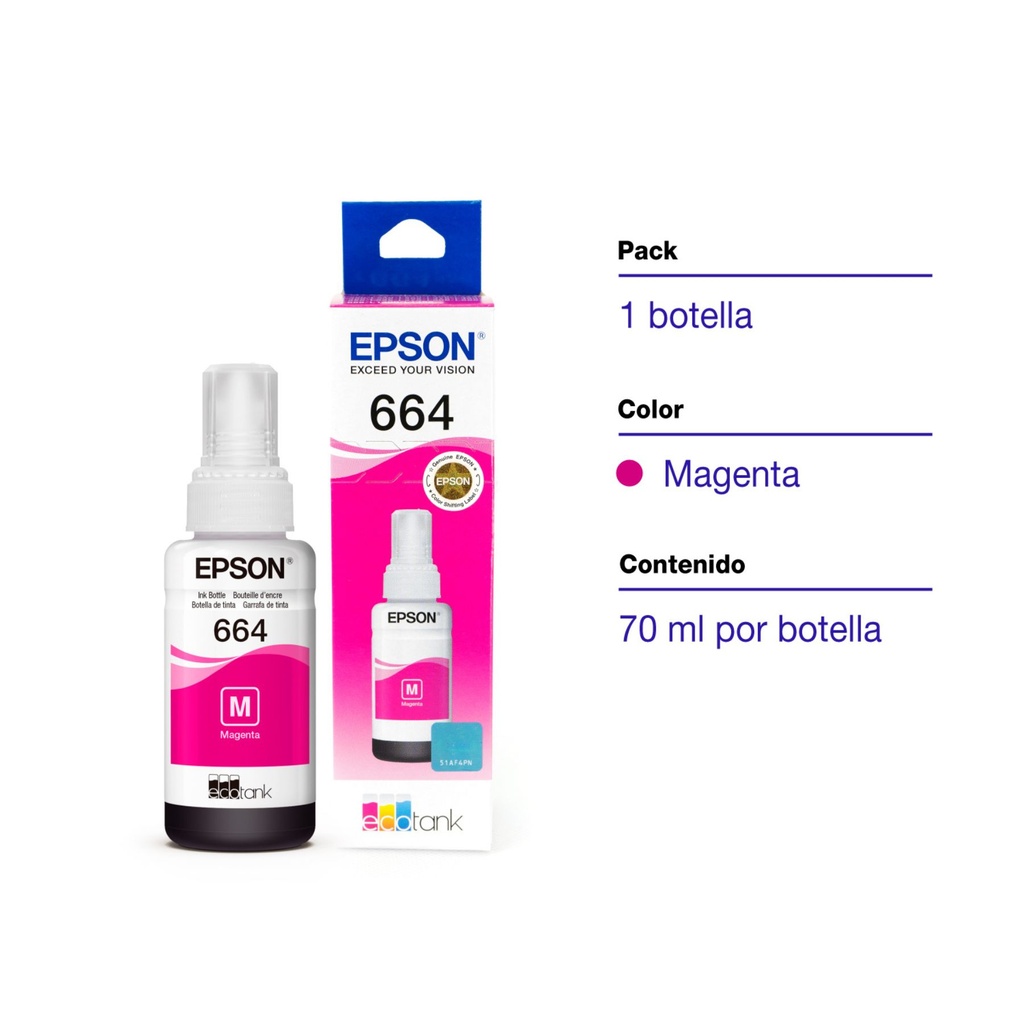 Botella Original De Tinta Epson 664 Magenta, 7.500 Páginas, 70 ml