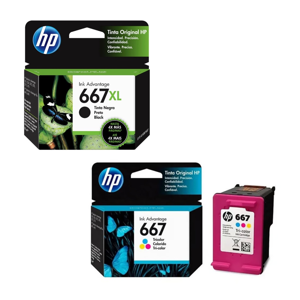 Kit Cartucho Original de Tinta Hp 667xl Alto Rendimiento Negro + Cartucho Original De Tinta Hp 667 Tricolor