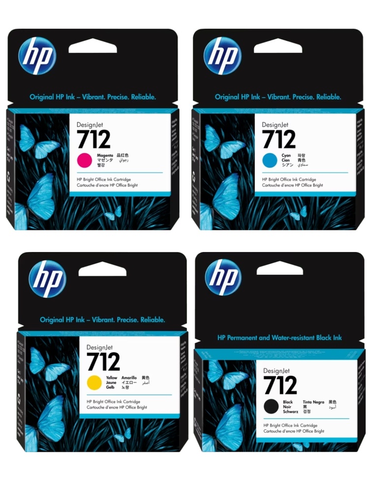 Pack Cartucho Original De Tinta Hp 712 Amarillo, Cian, Magenta de 29ml y Negro 38ml