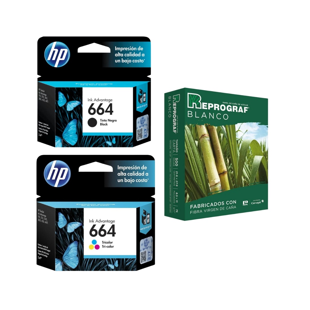 Kit Cartuchos De Tinta Hp 664 Original Negro Y Tricolor +Resma