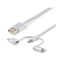 Cable USB Multicargas StarTech USB De 1m - USB A Micro USB O USB-C, Lightning Para IPhone / IPad / IPod / Android, Certificación MFi De Apple, Cable Cargador USB 3 En 1 Trenzado Color Blanco 