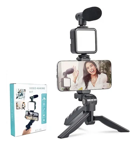 Kit de grabación: Streaming Microfono Para Celular Tripode Luz Led Negro