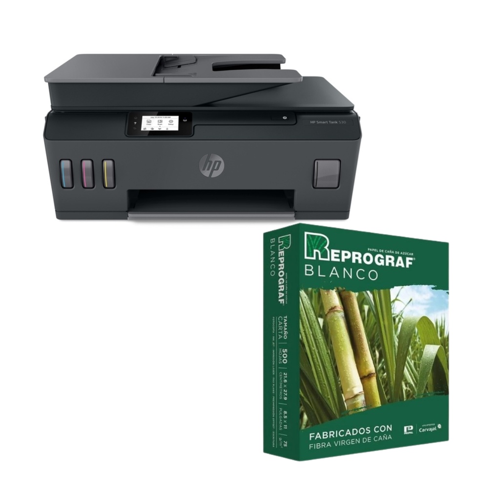 Impresora Multifuncional Hp Smart Tank 530 wifi Negra + Resma De Papel Blanco Tamaño Carta 500 Hojas