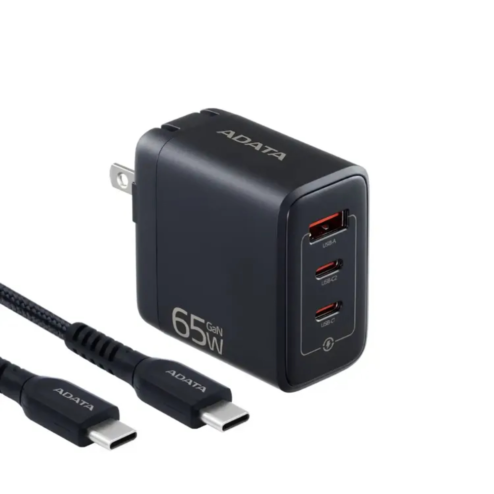 Cargador Adata 65W 2 Puertos USB Tipo C- 1 Puerto USB Tipo A + Cable 2 Metros Tipo C, Color Negro