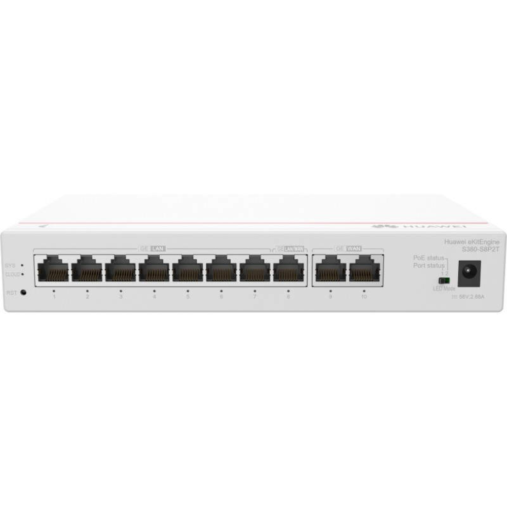 Gateway HUAWEI 2*GE WAN, 8*GE LAN(PoE+, 124W), up to 350 users,forwarding performance 2Gbps 2 años de garantia