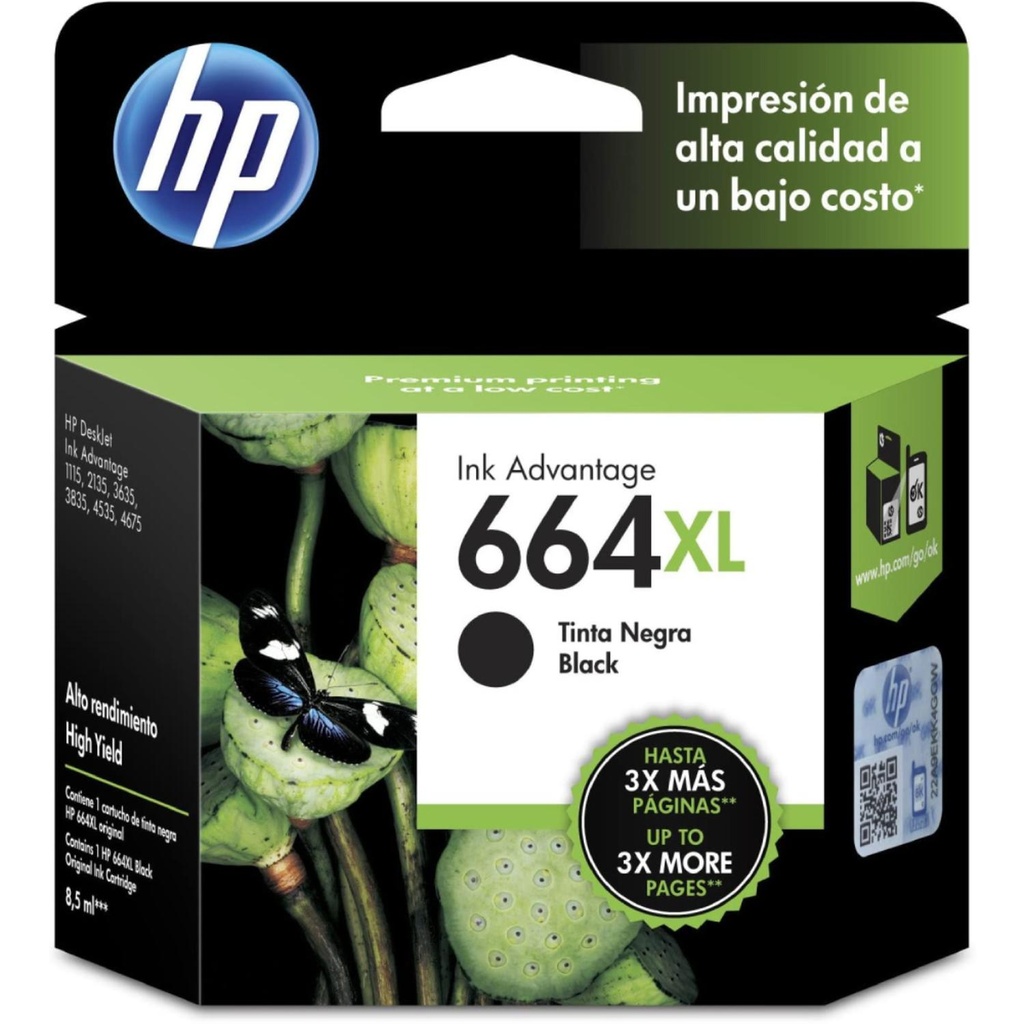Cartucho Original De Tinta HP 664XL Negra De Alto Rendimiento 480 Páginas 8.5 ml