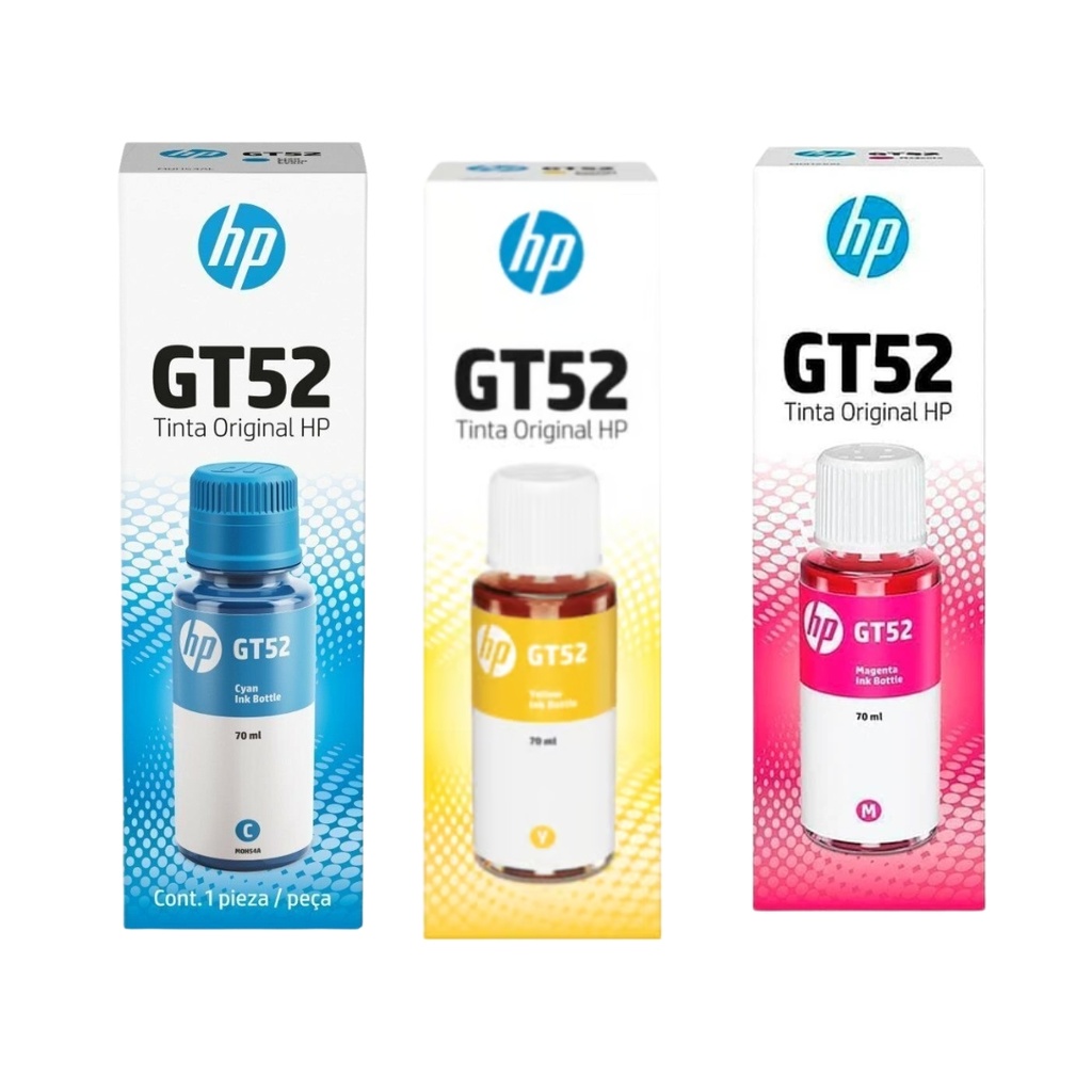 Combo De Botellas De Tintas Hp Gt52 Amarrillo, Cian y Magenta