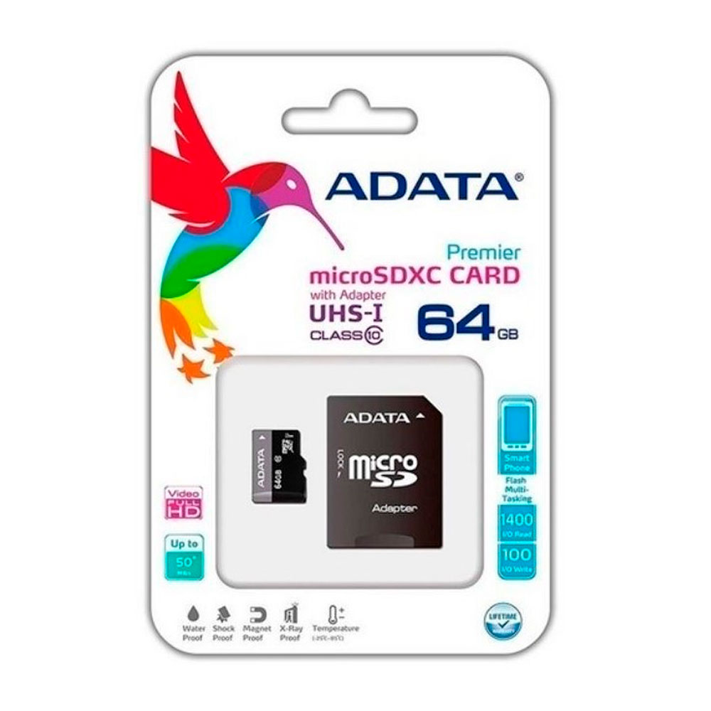 Memoria Micro SD Adata Negra 64GB Class 10 UHS Con Adaptador SD