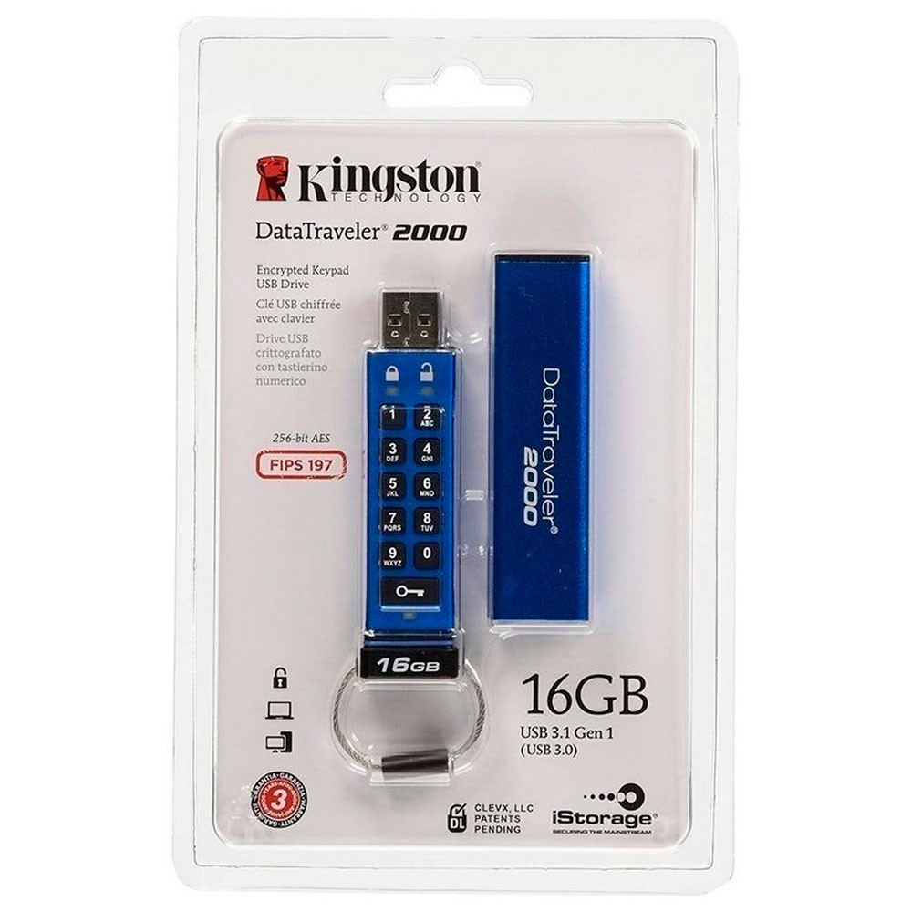 Memoria USB Kingston Azul Datatraveler 2000 64GB 3.0 Cifrado 256-Bit