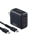 Cargador Adata 65W 2 Puertos USB Tipo C- 1 Puerto USB Tipo A + Cable 2 Metros Tipo C, Color Negro